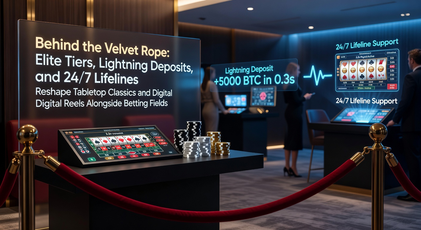 Ein elegantes VIP-Bereich in einem modernen Casino mit Samtvorhängen, leuchtenden Bildschirmen und Spielern an High-Stakes-Tischen, die die Exklusivität von Elite-Stufen illustrieren