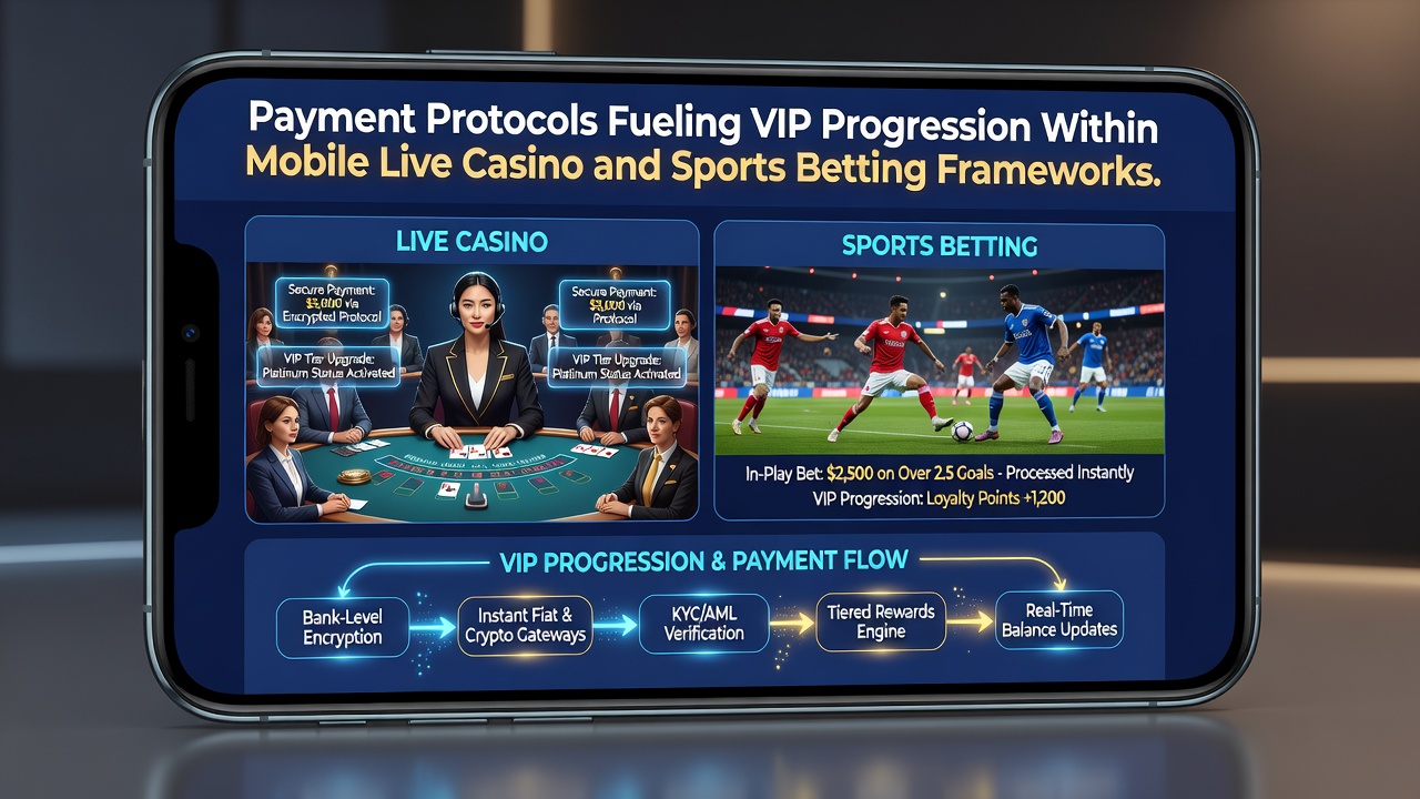 Illustration der Integration von Zahlungsprotokollen in VIP-Systeme für mobile Live-Casinos und Sportwetten