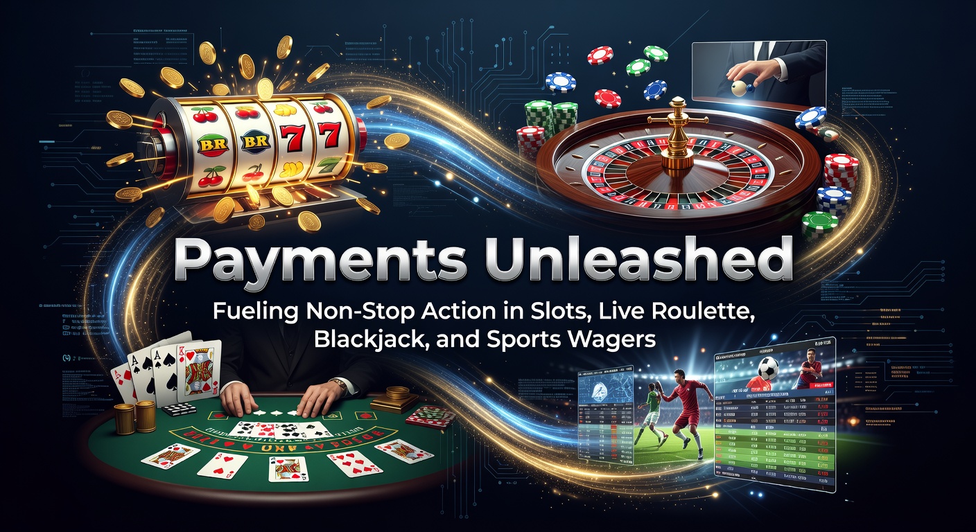 Dynamische Darstellung von blitzschnellen Zahlungstransfers inmitten eines lebhaften Casino- und Sportwetten-Umfelds mit Slots, Roulette-Tischen und Wettquoten