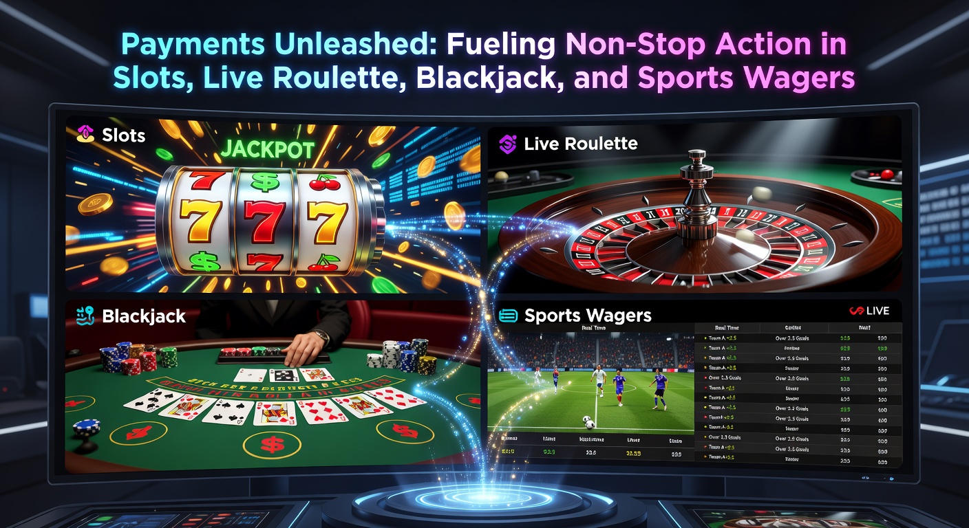 Szene mit Live-Roulette-Tisch, Blackjack-Karten und Sportwetten-Bildschirmen, unterlegt von symbolischen Zahlungsikonen für ultraschnelle Transaktionen