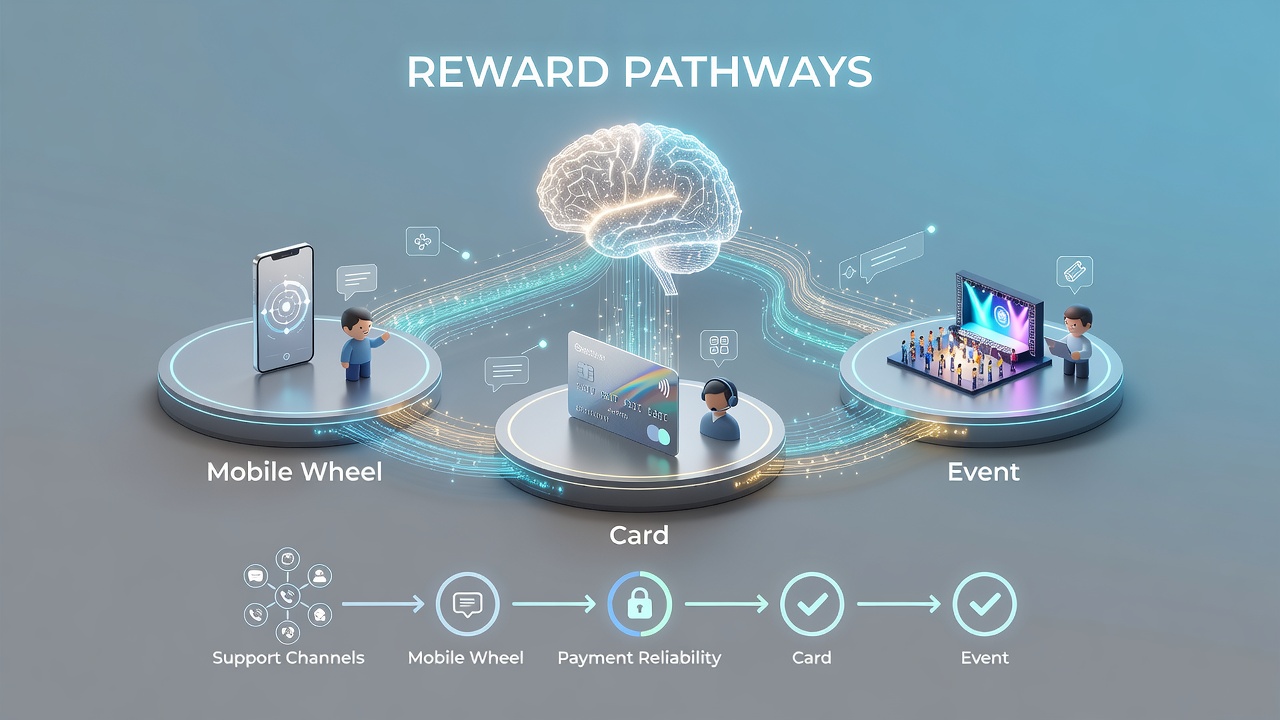 Illustration der Integration von Support und Zahlungsreliabilität über mobile Wheel Card und Event Plattformen hinweg