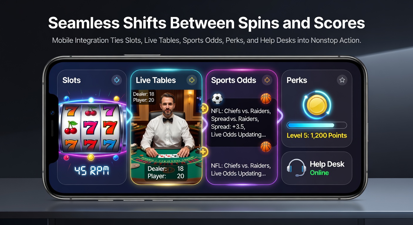 Smartphone zeigt nahtlosen Wechsel zwischen Slot-Spiel, Live-Tisch und Sportwetten-App mit integrierten Boni und Chat-Support