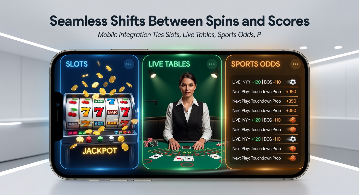 Detaillierte App-Schnittstelle mit parallelen Ansichten von Slot-Walzen, Live-Dealer-Video und Sportwetten-Tabelle plus Bonus-Tracker
